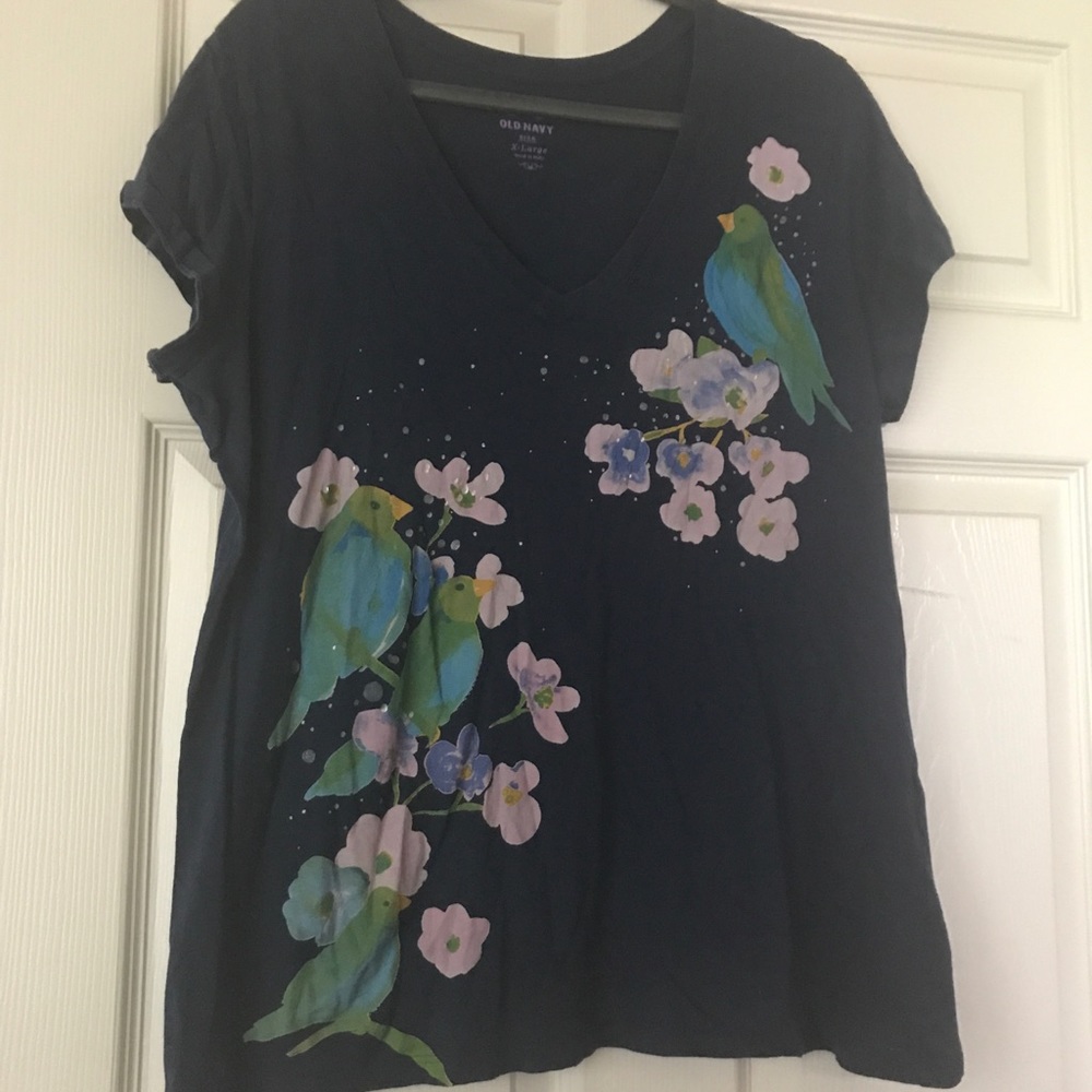 Blue t-shirt with Flowers and a Bird
